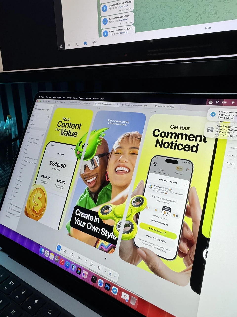 Our workspace, with colorful app designs open in Figma across the screen